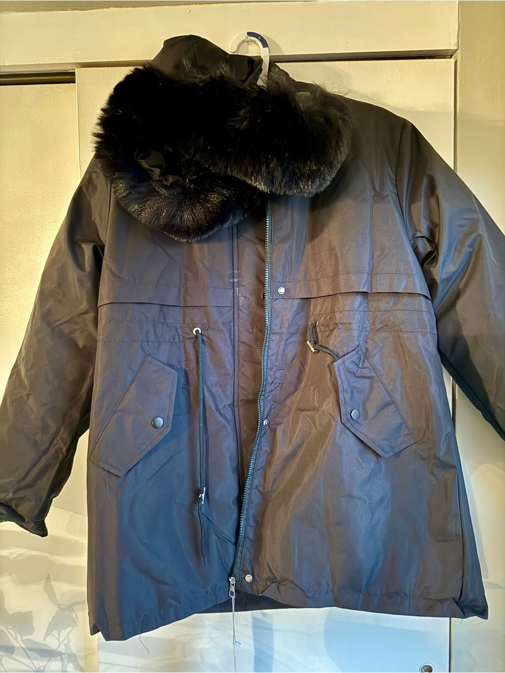 Women Black Parka Jacket with Faux Fur Hood